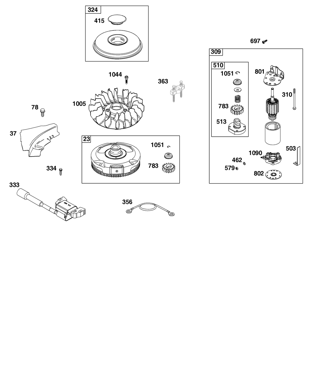 Flywheel, Ignition, And Starter Group Diagram and Parts List for 31R977-0107-B5 200000 - 399999 Briggs and Stratton Engine